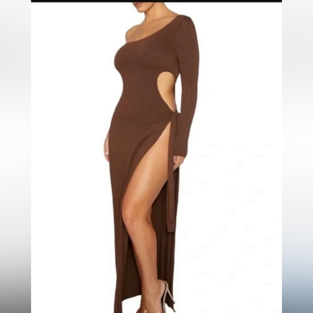 Naked Wardrobe Brown Cutout One Sleeve Dress NWT